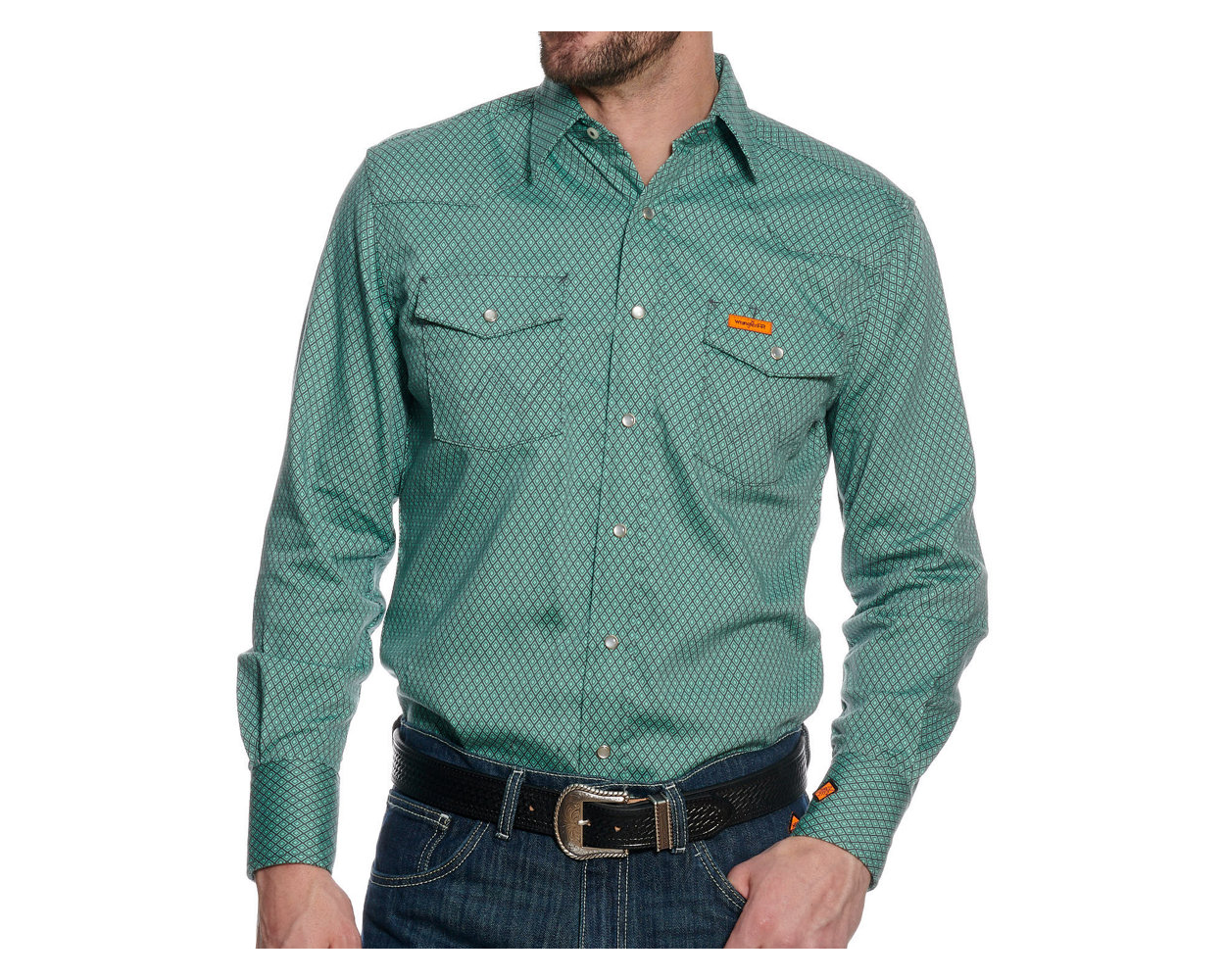WRANGLER FR142GP MENS FR GEO PLAID LONG SLEEVE WORK SHIRT GREEN