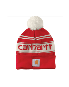 CARHARTT 105168 KNIT POM-POM CUFFED LOGO BEANIE, RED/WINTER WHITE
