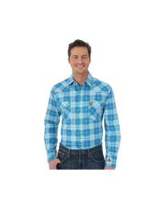 WRANGLER FR136TL MENS FR PLAID LONG SLEEVE WORK SHIRT BLUE