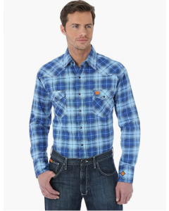 WRANGLER FR137BL MENS FR PLAID LONG SLEEVE WORK SHIRT BLUE