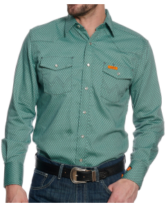 WRANGLER FR142GP MENS FR GEO PLAID LONG SLEEVE WORK SHIRT GREEN