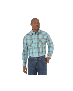 WRANGLER FR153LB MENS FR PLAID LONG SLEEVE WORK SHIRT BLUE