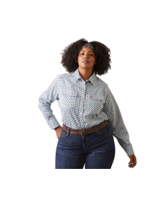 ARIAT 10043755 WOMEN'S FR MIDDLETON WHITE W/ BLUE & SUNSET AZTEC GEO PRINT LOGO LS WORK SHIRT