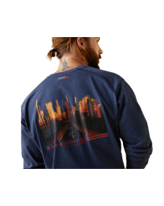 ARIAT 10043776 MENS FR AIR REFINERY ROW GRAPHIC HENLEY LS T-SHIRT, NAVY HEATHER